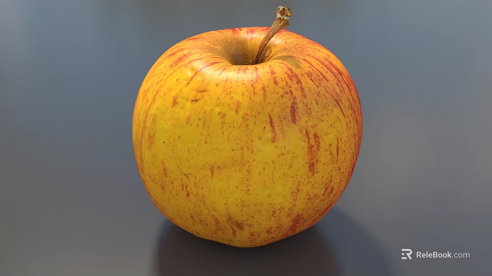 Fresh Juicy Red and Yellow Apple with Stem on Gray Background Close Up 3d model 