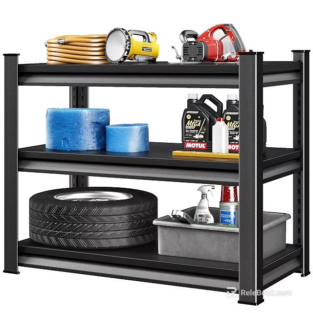 Metal Garage Storage Shelf With Tire Cleaning Supplies Coiled Hose And Tools 3d model 