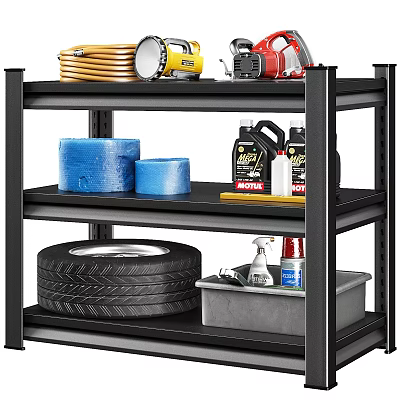 Metal Garage Storage Shelf With Tire Cleaning Supplies Coiled Hose And Tools 3d model