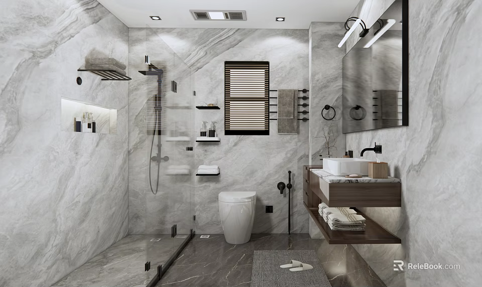 Modern Bathroom Interior Design With Marble Walls Shower Area Vanity Mirror And Blinds 3d model 