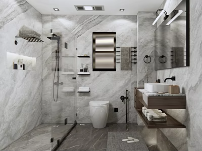Modern Bathroom Interior Design With Marble Walls Shower Area Vanity Mirror And Blinds 3d model