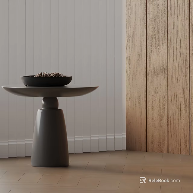 Modern Minimalist Side Table Round Top Gray Base Black Bowl On Wooden White Panel Walls 3d model 