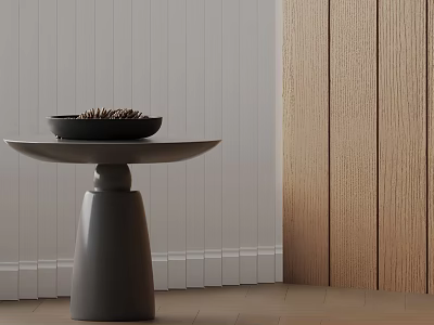 Modern Minimalist Side Table Round Top Gray Base Black Bowl On Wooden White Panel Walls 3d model