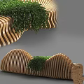 Garden Ornament Wooden Bench With Wavy Striped Design Adorned With Lush Green Plants