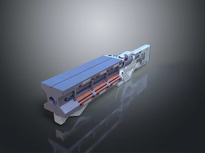 Military Weapon 3D Model With Long Barrel And Blue Red Mechanical Components 3d model