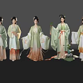 Women in green and white Hanfu with gradient skirts elaborate hairpieces holding fans and flowers