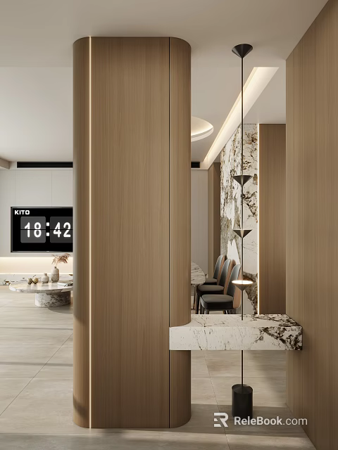 Modern Entryway Hallway Interior With Wooden Panels Marble Countertop And Hanging Lights 3d model 