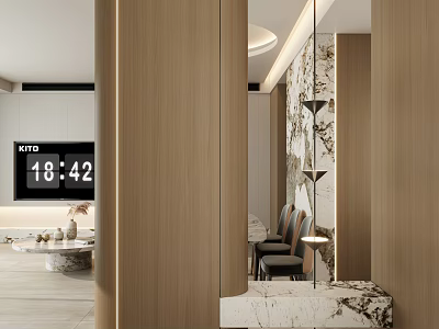 Modern Entryway Hallway Interior With Wooden Panels Marble Countertop And Hanging Lights 3d model