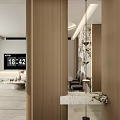 Modern Entryway Hallway Interior With Wooden Panels Marble Countertop And Hanging Lights