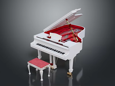 Elegant White Grand Piano With Red Cushion Piano Stool And Open Lid 3d model