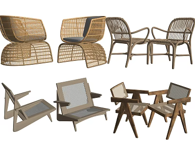 Modern Wicker And Wooden Frame Lounge Chairs With Comfortable Design And Various Styles 3d model