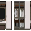 Modern Wardrobe Interior Design With Mirror Hanging Clothes Storage Boxes And Stool 3d model