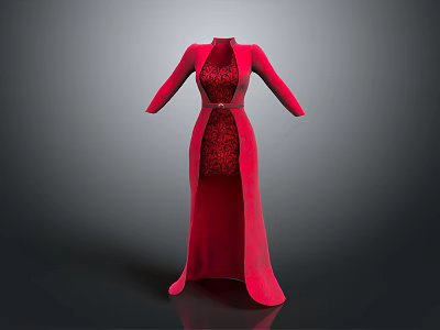 Red Long Evening Gown With Elegant Design And Lace Detailing 3d model