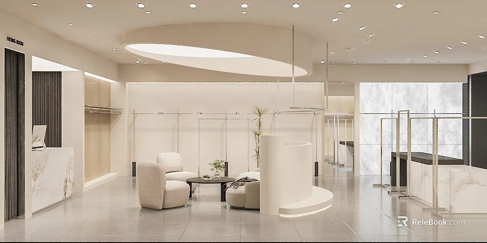 Modern Clothing Store Interior With Apparel Racks Seating Area Green Plants And Bright Lighting 3d model 