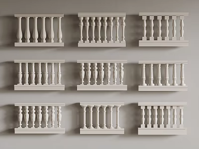 White Balustrade Varieties Displayed On Grey Wall 3d model