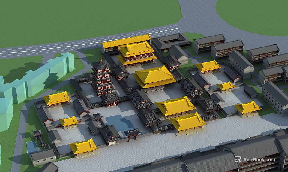 Ancient Chinese Architecture Complex With Traditional Palace Style Yellow Glazed Roofs And Courtyard Layout 3d model 