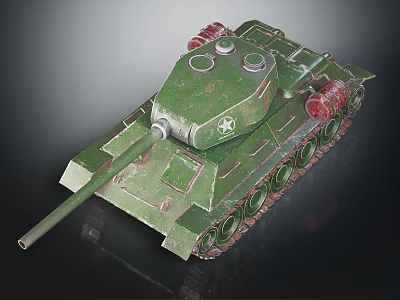 Green Military Tank With Weathered Exterior Cannon Turret And Red Track Details 3d model