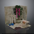 Detailed Decorative Garden Corner With Stone Walls Pink Flowering Vines Bench And Petals