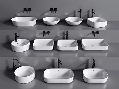 Modern Bathroom Washbasins Featuring Various Shapes and Stylish Faucet Designs 3d model
