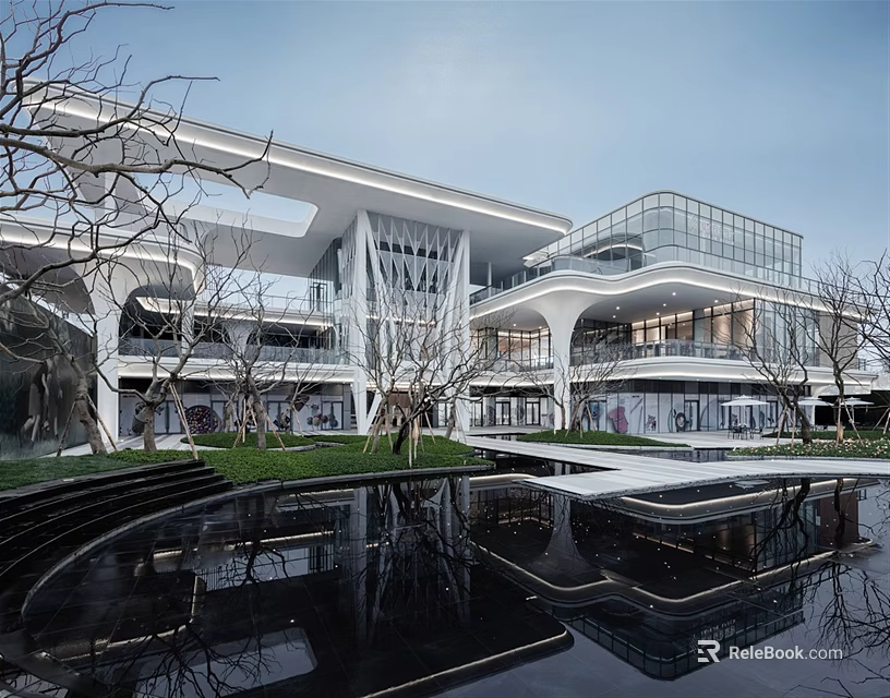 Modern Sales Center Building with Glass Facade Water Pond Reflection and Surrounding Trees 3d model 