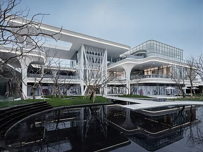 Modern Sales Center Building with Glass Facade Water Pond Reflection and Surrounding Trees 3d model