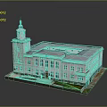 Detailed Scenic View of White Building with Clock Tower Blue Roof Steps and Green Lawn
