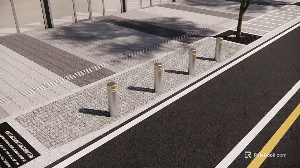 Silver Bollards With Yellow Tops Along Paved Sidewalk Near Tree Shadows 3d model 