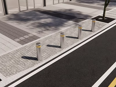 Silver Bollards With Yellow Tops Along Paved Sidewalk Near Tree Shadows 3d model