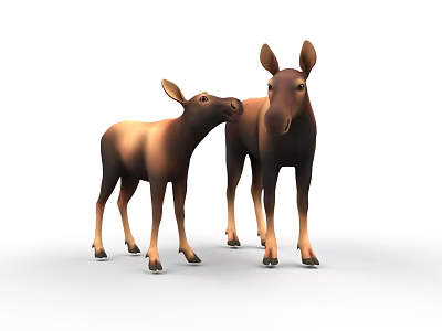 Two Brown Moose Adult and Baby Standing Together on White Background 3d model