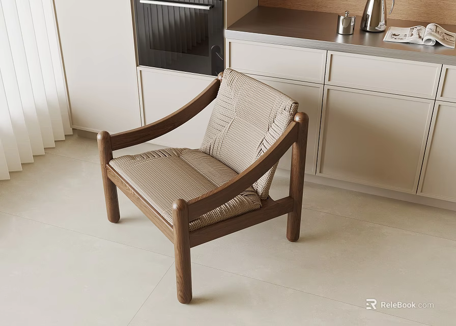 Solid Wood Frame Dining Chair With Comfortable Beige Fabric Cushion For Cozy Modern Home Kitchen 3d model 