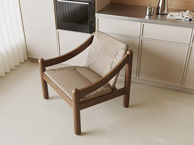 Solid Wood Frame Dining Chair With Comfortable Beige Fabric Cushion For Cozy Modern Home Kitchen 3d model