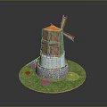 Detailed Windmill Model Featuring Wooden Tower Blades Stone Wall And Green Grass Base