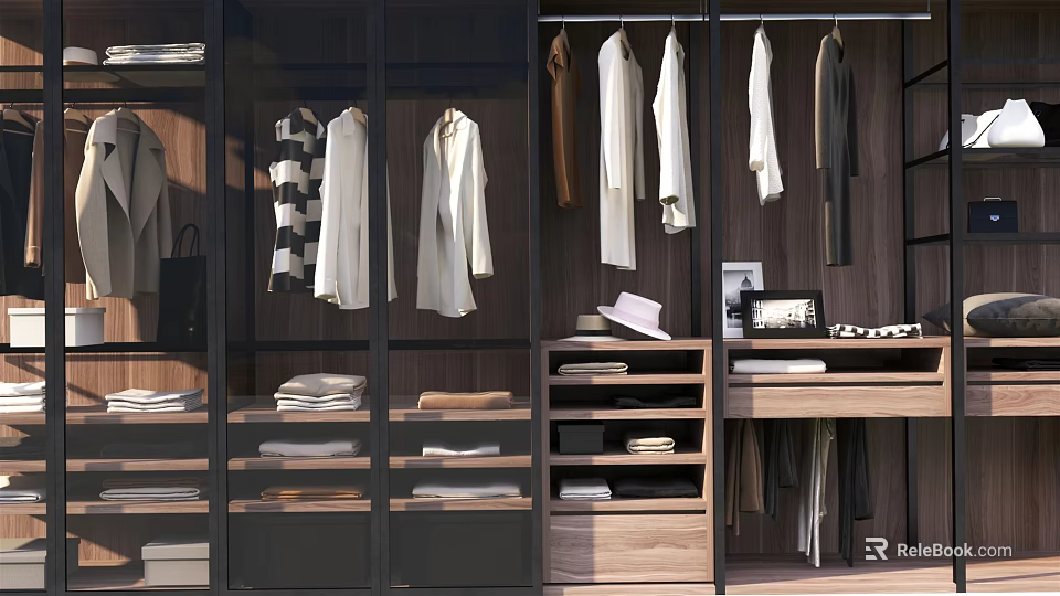 Modern Wooden Wardrobe Interior With Hanging Clothes Folded Items Shelves And Drawers 3d model 