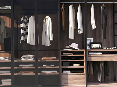 Modern Wooden Wardrobe Interior With Hanging Clothes Folded Items Shelves And Drawers 3d model