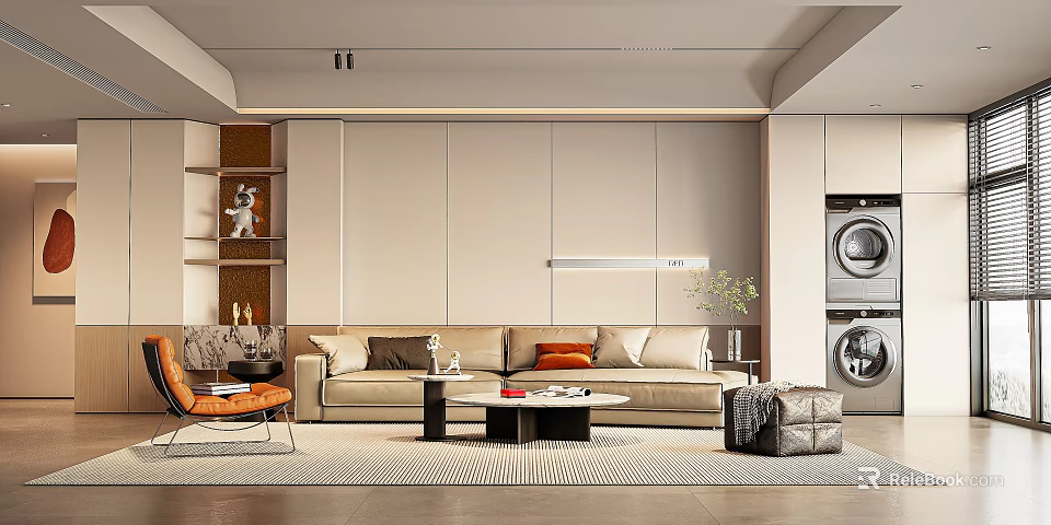 Modern Minimalist Living Dining Area Interior With Beige Sofa Orange Chair And Decorative Shelves 3d model 