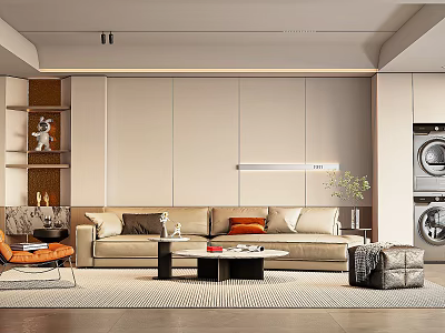 Modern Minimalist Living Dining Area Interior With Beige Sofa Orange Chair And Decorative Shelves 3d model