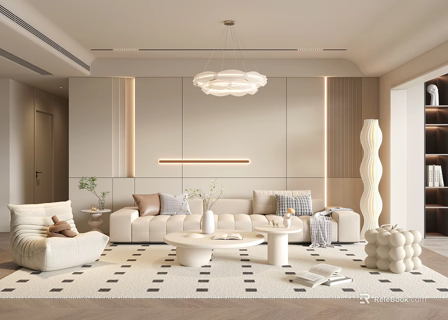 Modern Living Room Interior With Light Beige Sofa Cloud Shaped Chandelier And Geometric Rug 3d model 