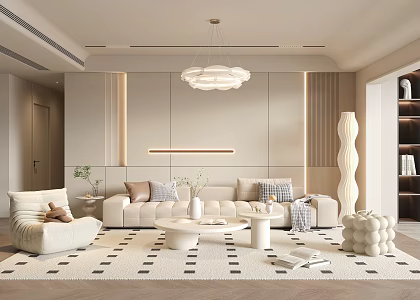 Cream Style Living Room Sofa Coffee Table Combination Lazy Sofa Floor Lamp Sofa Stool Hanging Picture Single Leisure Chair 3d model