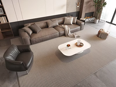 Modern Living Room Interior With Brown Sofa Black Armchair White Coffee Table And Fireplace 3d model