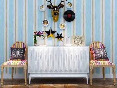 Modern White Console Cabinet With Deer Head Decor Round Frames And Striped Chairs 3d model