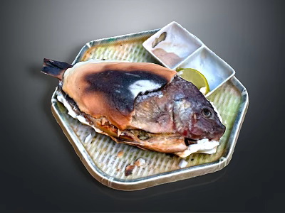 Whole Roasted Fish With Crispy Skin Served On Hexagonal Plate With Lemon Slice And Sauce 3d model