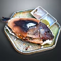 Whole Roasted Fish With Crispy Skin Served On Hexagonal Plate With Lemon Slice And Sauce