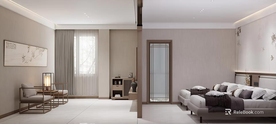 Modern Bedroom Interior With Sofa Window Curtains And Decorative Nightstand Items 3d model