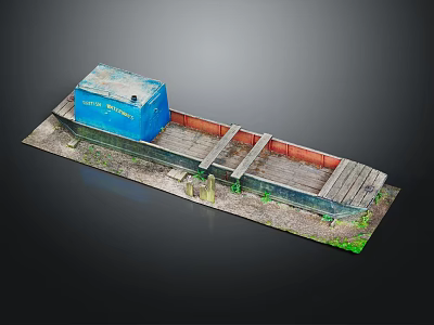 Blue Cabin Water Barge With Red Deck And Mossy Platform Structure 3d model