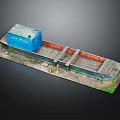 Blue Cabin Water Barge With Red Deck And Mossy Platform Structure