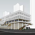 Modern Commercial Building With Glass Facade Geometric Design And Staircase On Urban Street
