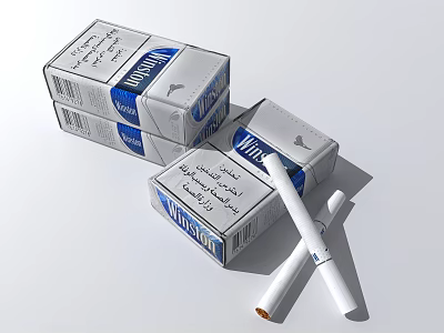 Winston Cigarette Packs With White And Blue Design Placed With Cigarettes 3d model