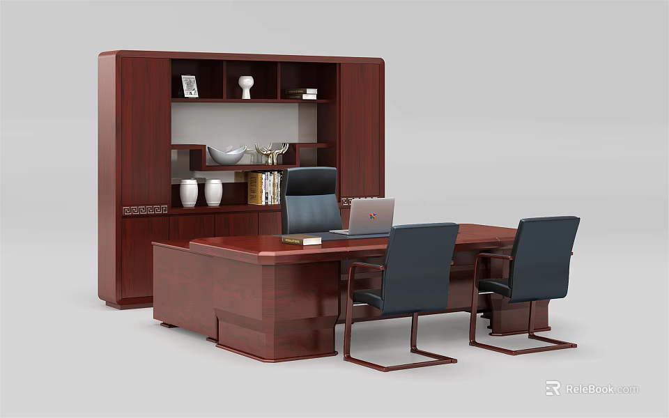Dark Red Office Desk with Bookshelf Cabinet Decorative Vases Books Laptop and Three Black Chairs 3d model 