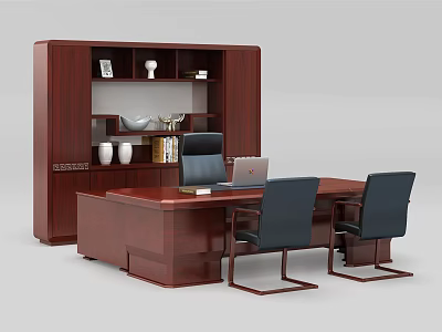 Dark Red Office Desk with Bookshelf Cabinet Decorative Vases Books Laptop and Three Black Chairs 3d model
