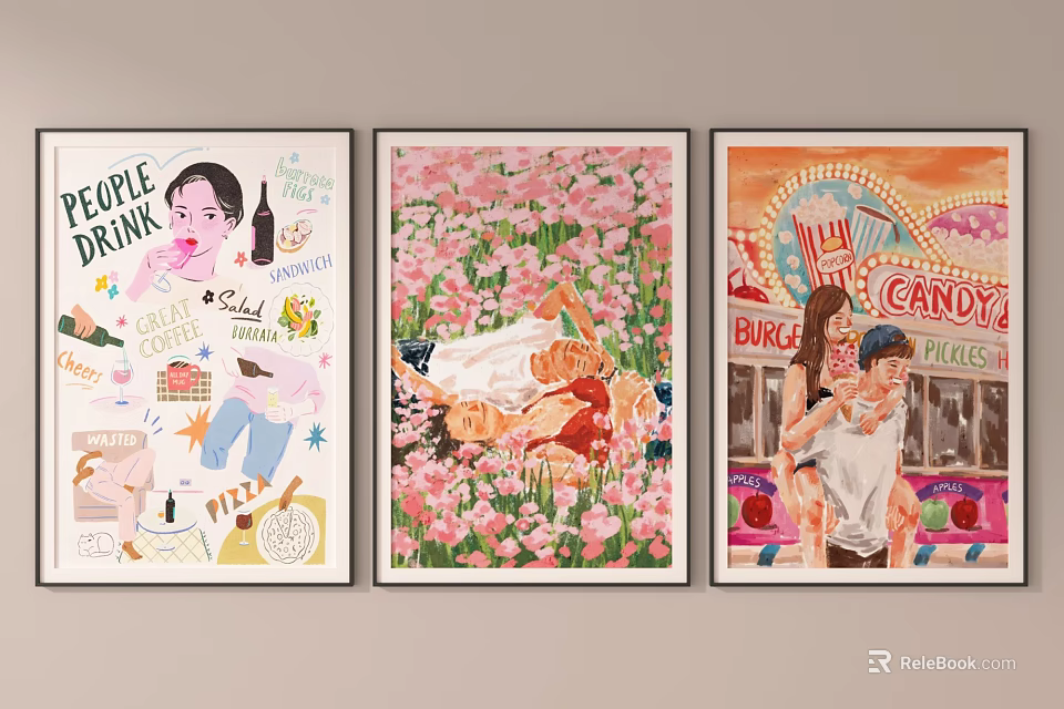 Three People Portrait Paintings With Modern Style Flower Field And Candy Shop Scenes 3d model 